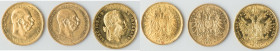 Franz Joseph I 3-Piece Lot of Uncertified gold Issues, 1) 10 Corona 1912 - UNC, Vienna mint, KM2818. 19mm. 3.39gm 2) 10 Corona 1911 - XF, Vienna mint,...
