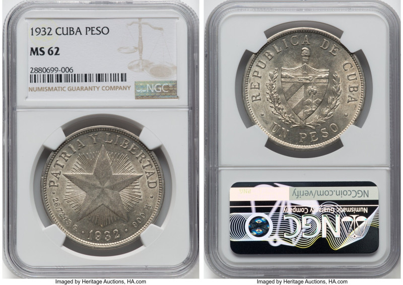 Republic "Star" Peso 1932 MS62 NGC, Philadelphia mint, KM15.2. Almond toning wit...