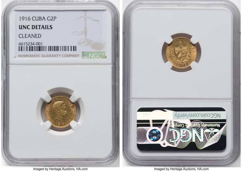 Republic gold 2 Pesos 1916 UNC Details (Cleaned) NGC, Philadelphia mint, KM17, F...