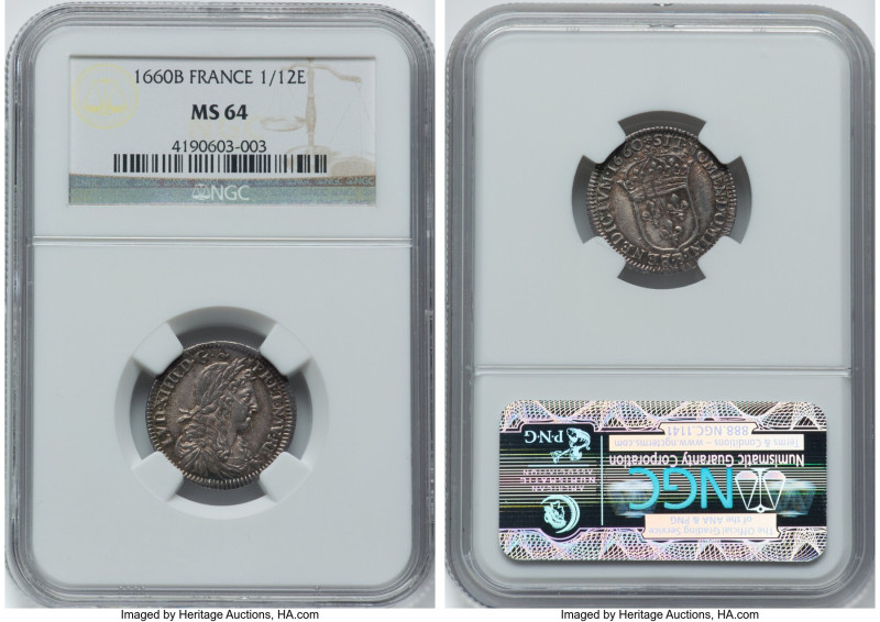 Louis XIV 1/12 Ecu 1660-B MS64 NGC, Rouen mint, KM199.2. Only one certified in a...