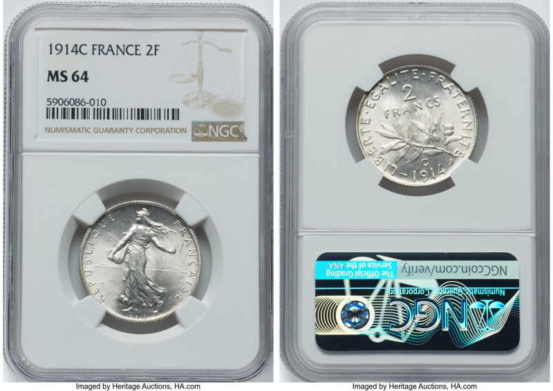 Republic 2 Francs 1914-C MS64 NGC, Castelsarrasin mint, KM845.2. One year type. ...