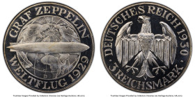 Weimar Republic Proof "Zeppelin" 3 Mark 1930-D PR66+ Cameo PCGS, Munich mint, KM67, J-342. Commemorating Flight of the Graf Zeppelin. Frosted devices ...