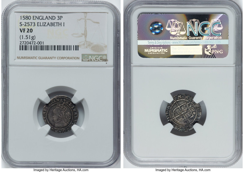 Elizabeth I 3 Pence 1580 VF20 NGC, Tower mint, Latin cross mm, Fifth Issue, S-25...