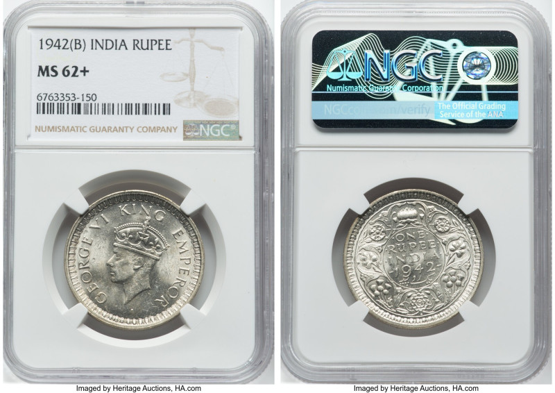 British India. George VI Pair of Certified Rupees NGC, 1) Rupee 1942-(b) - MS62+...