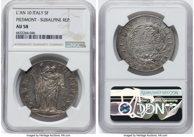 Piedmont. Subalpine Republic 5 Francs L'An 10 (1801/1802) AU58 NGC, KM-C4, Mont-...