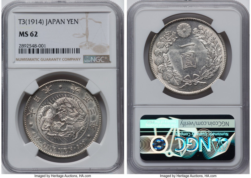 Taisho Yen Year 3 (1914) MS62 NGC, Osaka mint, KM-Y38, JNDA 01-10A. HID098012420...