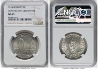 Haakon VII 2 Kroner 1914 MS63 NGC, Kongsberg mint, KM377. Constitution centennial. HID09801242017 © 2023 Heritage Auctions | All Rights Reserved