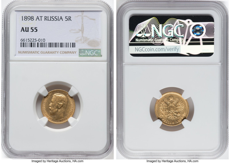 Nicholas II gold 5 Roubles 1898-AГ AU55 NGC, St. Petersburg mint, KM-Y62, Fr-180...