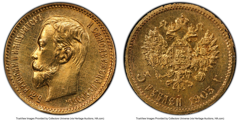 Nicholas II gold 5 Roubles 1903-AP MS62 PCGS, St. Petersburg mint, KM-Y62, Fr-18...