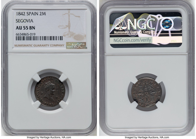 Isabel II 2 Maravedis 1842 AU55 Brown NGC, Segovia mint, KM532.4. HID09801242017...