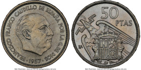 Francisco Franco 3-Piece Lot of Certified "Numismatic Exposition" Pesetas 1957-BA NGC, 1) 50 Pesetas 1957 - MS64, KM788 2) 5 Pesetas 1957-BA - MS65, K...