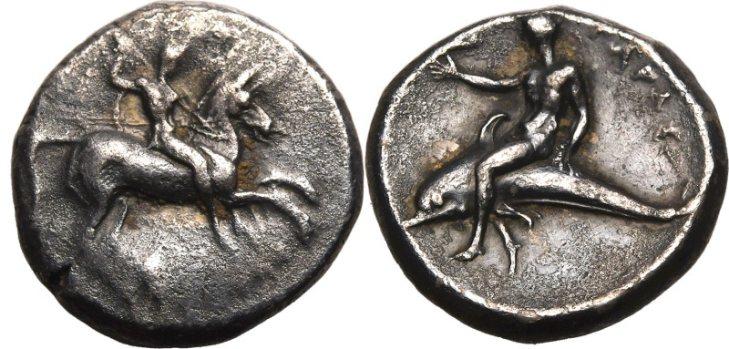 ANCIENT GREECE. CALABRIA, TARENTUM. 
Silver nomos, circa 302-280 BC. 
Si- and ...