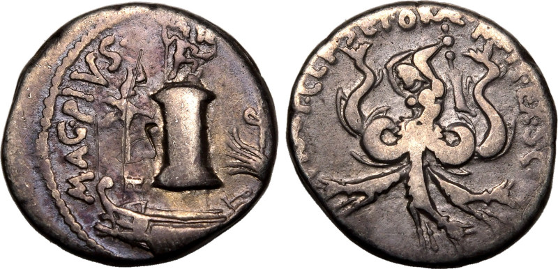 ROMAN REPUBLIC & IMPERATORIAL. Sextus Pompey. 
Silver denarius, 42-40 BC. Uncer...