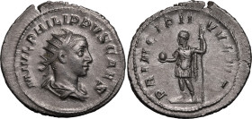 Roman Empire Philip II (Caesar) AD 244-246 Silver Antoninianus Extremely Fine; large flan, rev. struck with worn die