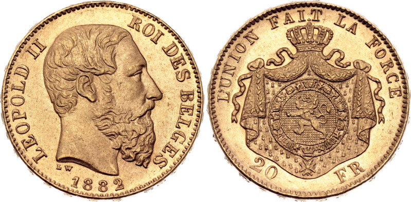 Belgium 20 Francs 1882

KM# 37, N# 7499; Finer beard; Gold (.900) 6.45 g.; Leo...