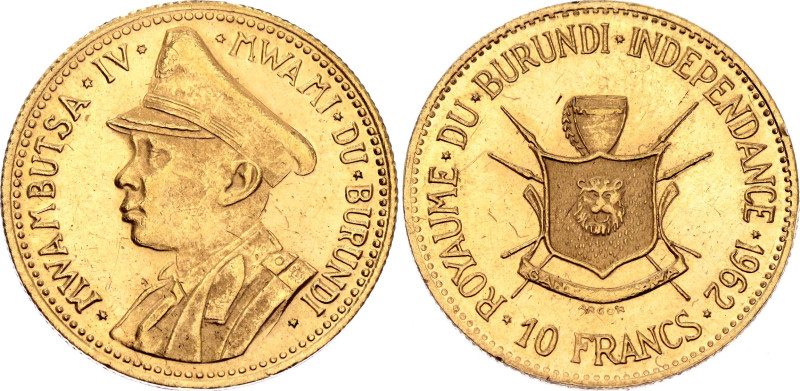 Burundi 10 Francs 1962

KM# 2, N# 92360; Gold (.900) 3.20 g., Proof; Mwambutsa...