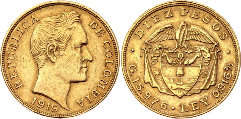 Colombia 10 Pesos 1919

KM# 202, N# 108785; Gold (.917) 15.98 g.; XF+