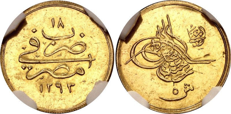 Egypt 5 Qirsh 1892 AH 1293//18 NGC MS63

KM# 298, N# 36892; Gold (.875) 0.42 g...