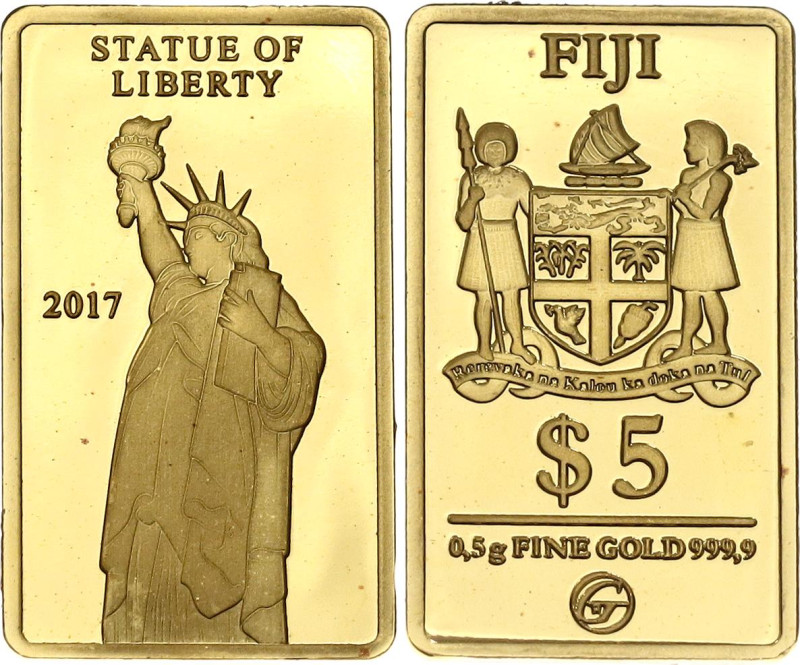 Fiji 5 Dollars 2017

Gold (.999) 0.5 g., 9 x 16 mm., Proof; Statue of Liberty;...
