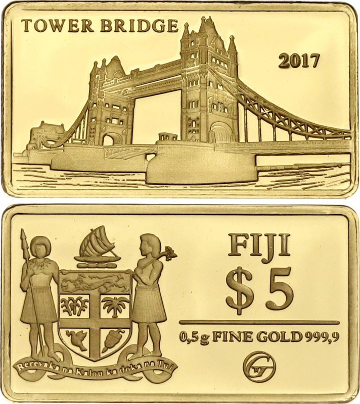 Fiji 5 Dollars 2017

Gold (.999) 0.5 g., 9 x 16 mm., Proof; Tower Bridge; Orig...