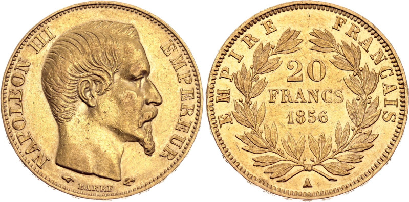 France 20 Francs 1856 A

KM# 781.1, N# 3390; Gold (.900) 6.45 g.; Napoleon III...