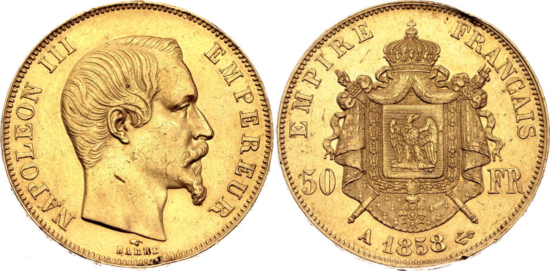 France 50 Francs 1858 A

KM# 785.1, N# 10256; Gold (.900) 16.13 g.; Napoleon I...