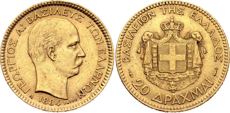 Greece 20 Drachmai 1884 A

KM# 56, N# 26036; Gold (.900) 6.45 g.; George I; Pa...