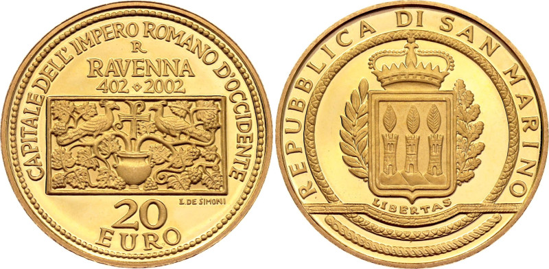 San Marino 20 Euro 2002 R

KM# 460, N# 16355; Gold (.900) 6.45 g., Proof; 1600...