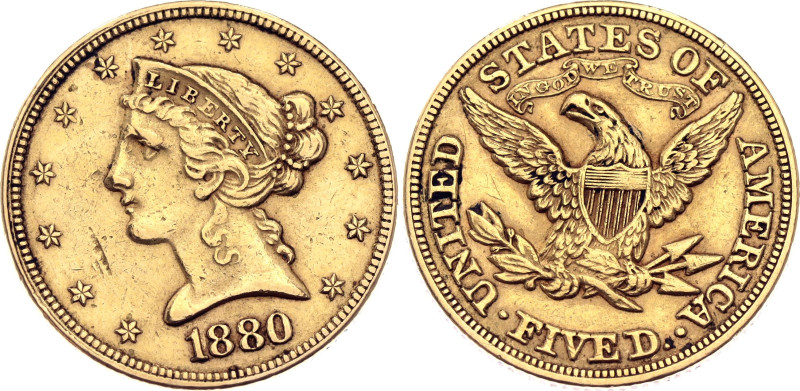 United States 5 Dollars 1880

KM# 101, N# 18809; Gold (.900) 8.36 g.; Coronet ...