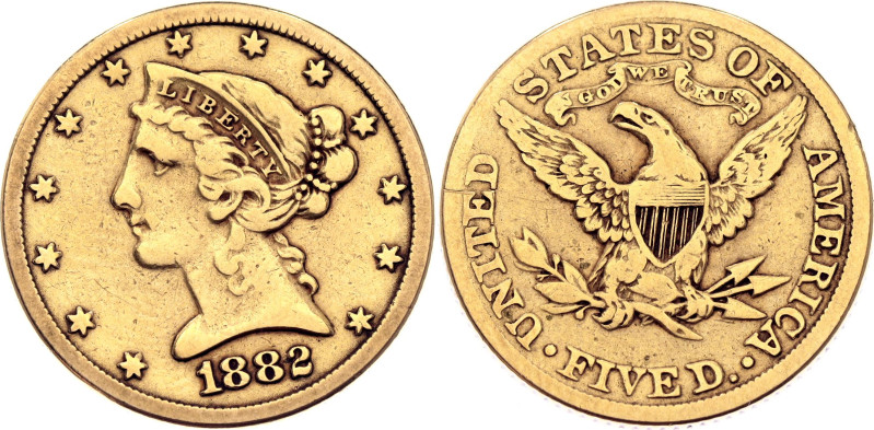 United States 5 Dollars 1882

KM# 101, N# 18809; Gold (.900) 8.36 g.; Coronet ...