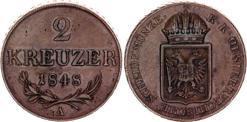 Austria 2 Kreuzer 1848 A

KM# 2188, N# 22368; Copper; Ferdinand I; XF+