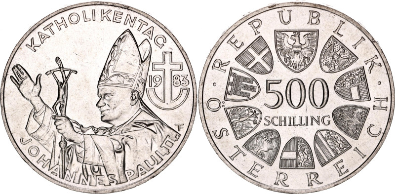 Austria 500 Schilling 1983

KM# 2963, N# 53429; Silver; Catholic Day - Pope's ...