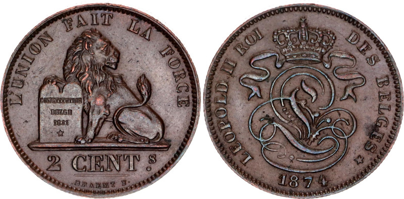 Belgium 2 Centimes 1874

KM# 35.1, N# 516; Large narrow date; Copper; Leopold ...