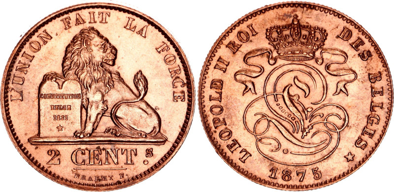 Belgium 2 Centimes 1875

KM# 35.1, N# 516; Copper; Leopold II; Brussels Mint; ...