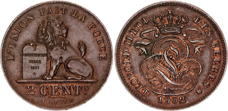 Belgium 2 Centimes 1902

KM# 35.1, N# 516; Copper; Leopold II; Brussels Mint; ...