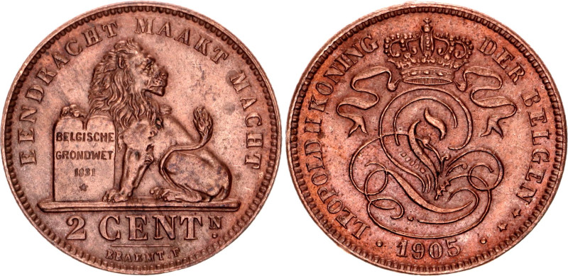 Belgium 2 Centimes 1905

KM# 36, N# 6160; Copper; Leopold II; Brussels Mint; D...