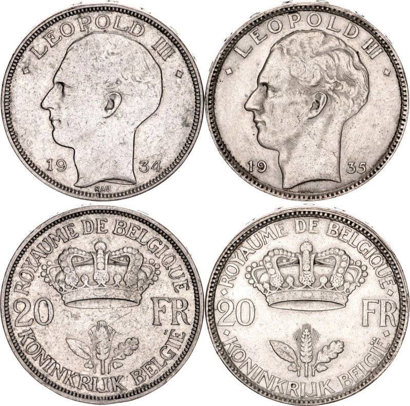 Belgium 2 x 20 Francs 1934 - 1935

KM# 105, N# 2138; Silver; Leopold III; XF+