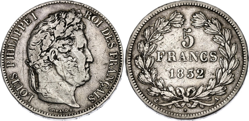 France 5 Francs 1832 A

KM# 749.1, N# 3653; Silver; Louis-Philippe I; Paris Mi...