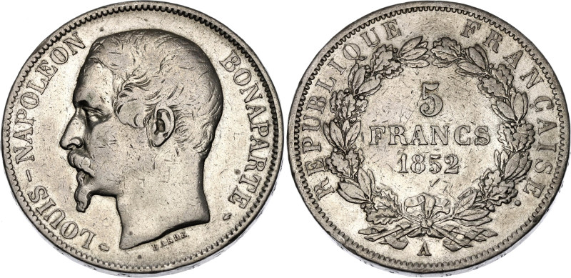 France 5 Francs 1852 A

KM# 773.1, N# 1182; Silver; Louis-Napoléon Bonaparte; ...