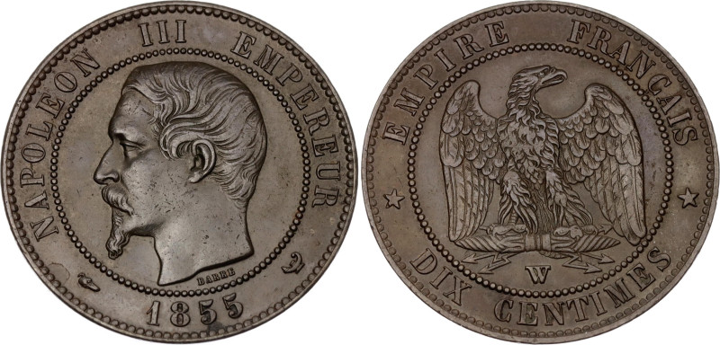 France 10 Centimes 1855 W

KM# 771.7, N# 320; Bronze; Napoleon III; Lille Mint...