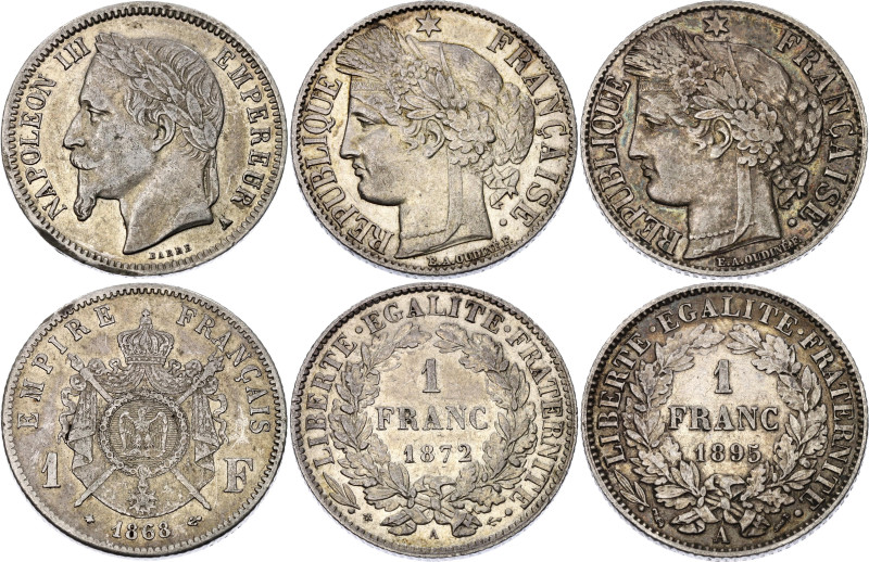 France 3 x 1 Franc 1868 - 1895 A

KM# 806, 822; Silver; Various Dates; Paris M...