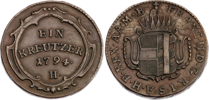 German States Futher Austria 1 Kreuzer 1794 H

KM# 19, N# 19396; Copper; Franz...