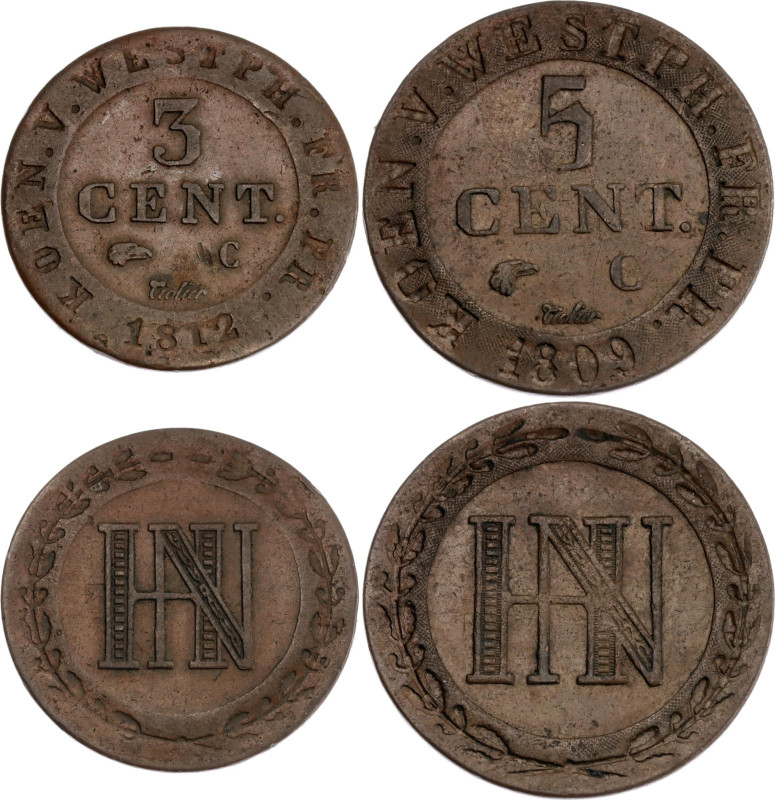 German States Westphalia 3 - 5 Centimes 1809 - 1812 C

KM# 92, 94; Copper; Jér...