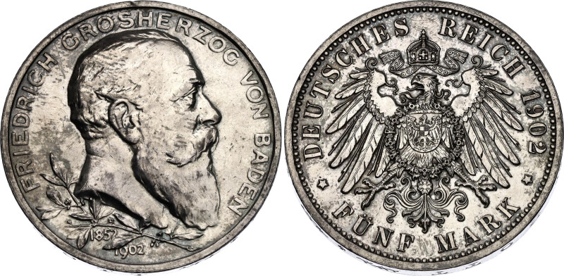 Germany - Empire Baden 5 Mark 1902

KM# 273, J. 31, N# 21752; Silver; Friedric...