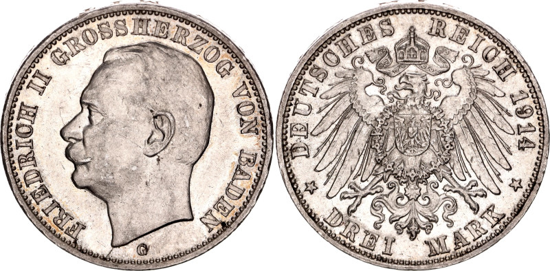 Germany - Empire Baden 3 Mark 1914 G

KM# 280, J. 39, N# 6716; Silver; Friedri...