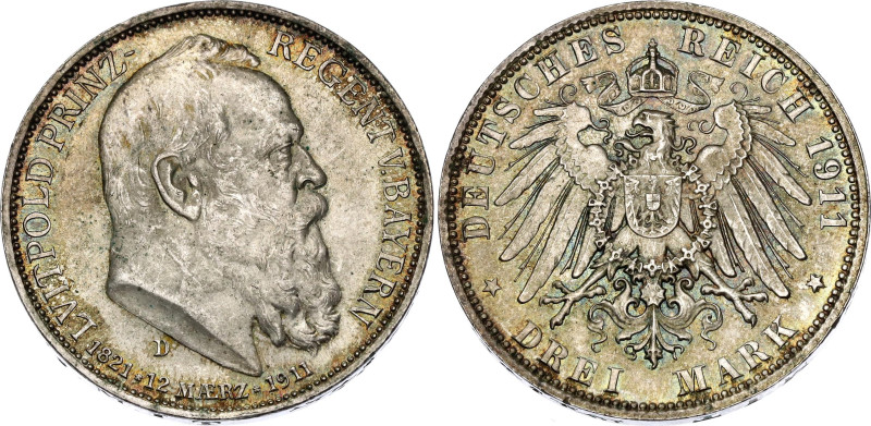 Germany - Empire Bavaria 3 Mark 1911 D

KM# 998, J. 49, N# 15935; Silver; Otto...