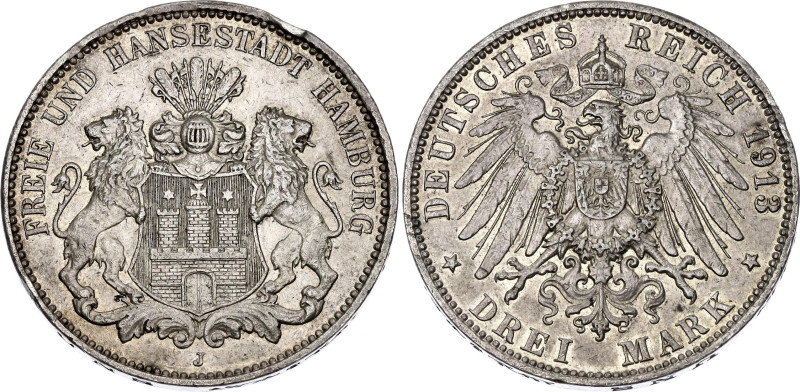 Germany - Empire Hamburg 3 Mark 1913 J

KM# 620, J. 64, N# 7642; Silver; XF+, ...