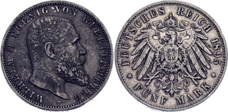 Germany - Empire Württemberg 5 Mark 1895 F

KM# 632, N# 15899; Silver; Wilhelm...