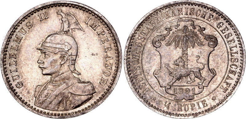 German East Africa 1/4 Rupie 1891

KM# 3, N# 21766; Silver; Wilhelm II; Berlin...