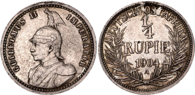 German East Africa 1/4 Rupie 1904 A

KM# 8, N# 16500; Silver; Wilhelm II; Berl...